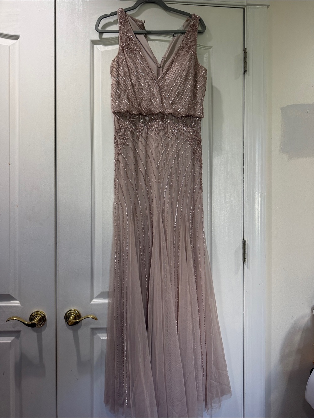Adriana Papell Beaded V-Neck Evening Gown in Dusty Mauve